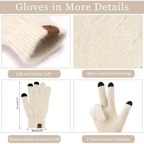 Women's Apricot Warm Knit Beanie Hat Touchscreen Gloves Long Neck Scarf Set - Picture 3 of 6